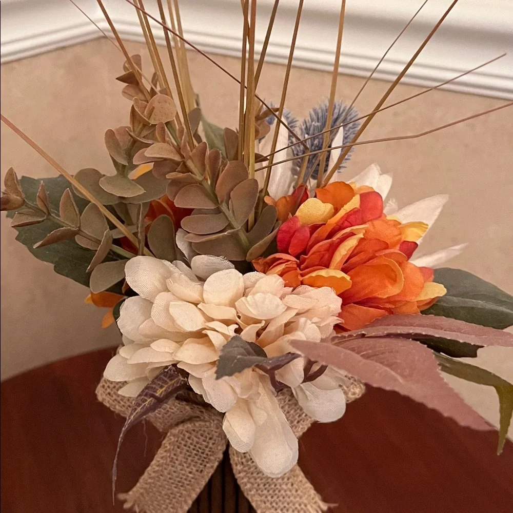 15” Rustic Fall Floral Arrangement in Twig Vase with Burlap Accent – NEW